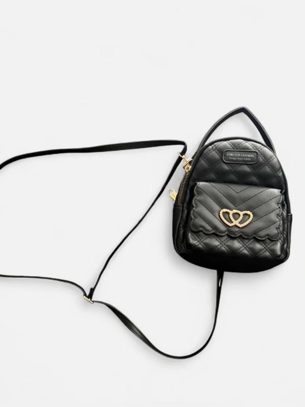 Kids Black Quilted Mini Backpack with Gold Heart Accent